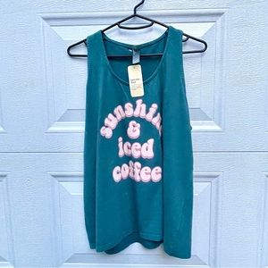 NWT Size SMALL “Sunshine and Iced Coffee” graphic tee Tank top Teal and Pink